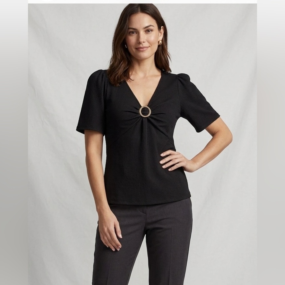 New MICHAEL KORS Women V Neck T Shirt Blouse Top Black Size M